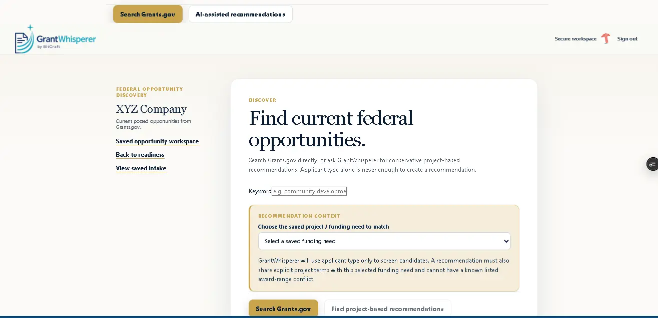 GrantWhisperer federal opportunity discovery workspace with Grants.gov search and project-based recommendation controls