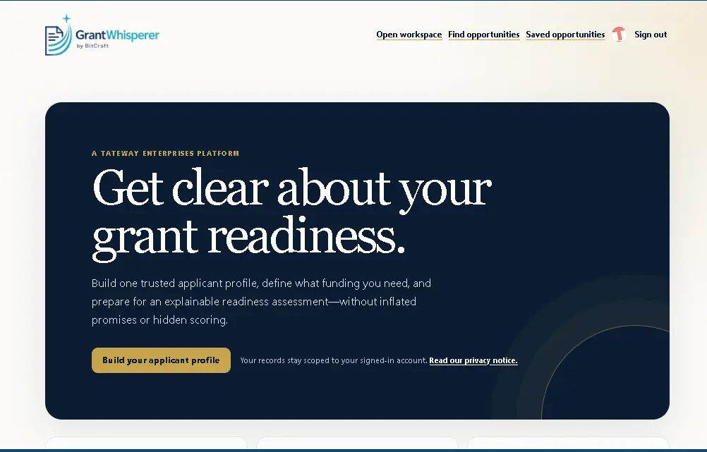 GrantWhisperer welcome workspace with a call to build an applicant profile and assess grant readiness